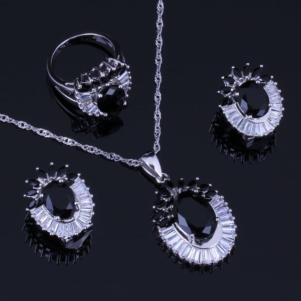 

sublime flower black cubic zirconia white cz 925 sterling silver jewelry sets for women earrings pendant chain ring v1002