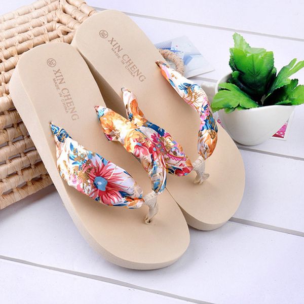 

fashion women shoes slippers summer 2020 bohemia floral beach sandals wedge platform thongs slippers flip flops zapatos de mujer, Black