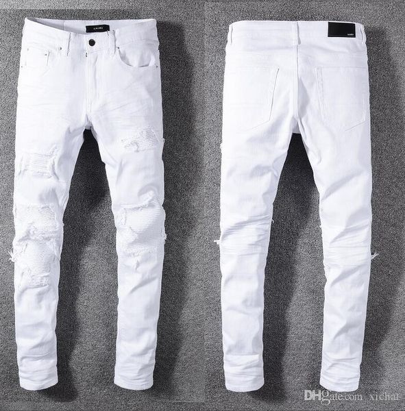 

mens ripped fold skinny white jeans fashion designer slim fit motorcycle biker hole beggar hip hop denim pants 592, Blue