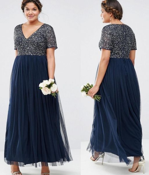 

custom made new 2020 sequins plus size formal prom dresses v neck short sleeve ankle length evening gowns dark navy party gowns, Black;red