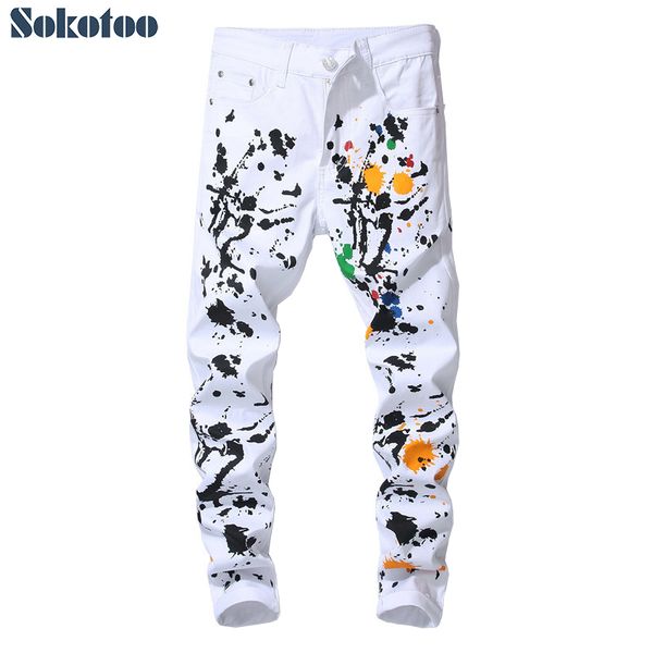 

men's colored ink painted printed white jeans slim fit stretch pencil pants, Blue