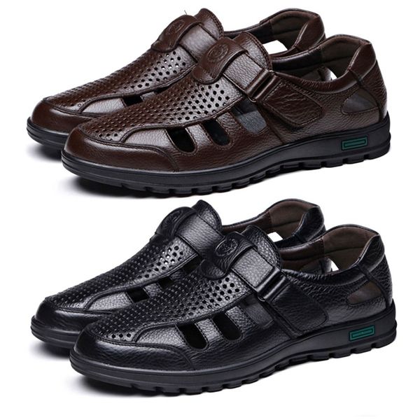 

2 pair genuine leather men sandals shoes fretwork breathable fisherman shoes styleretro gladiator soft bottom summer classics m, Black