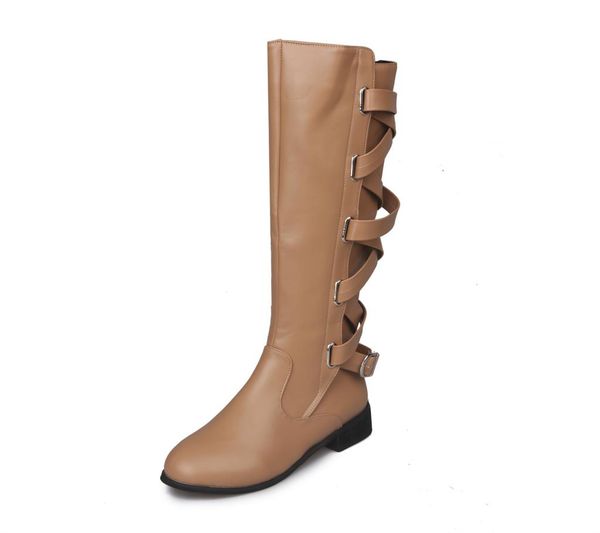

women high boots genuine leather belt buckle knee fashion square toe long boots flat comfortable knight comfortable, Black