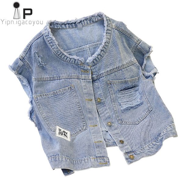 

loose plus size women denim vest coat 2019 summer new broken hole sleeveless jacket single-breasted short waistcoat women vests, Black;white