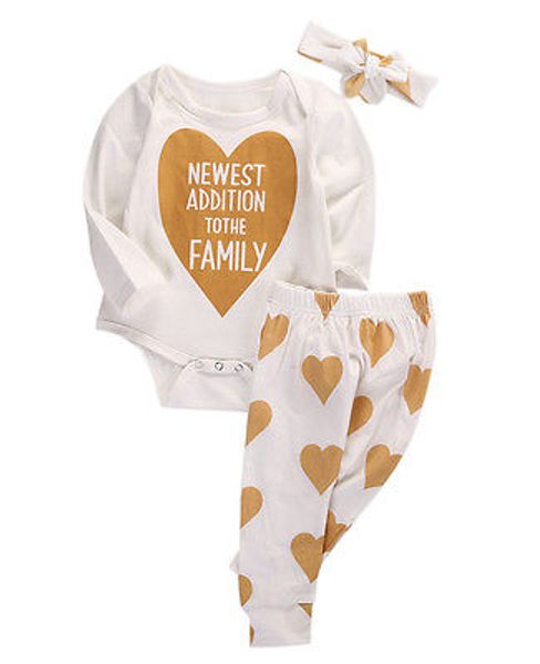 

3 pcs autumn spring new infant boys girls gloden heart cotton romper pants 3pcs baby coming home outfits set, White