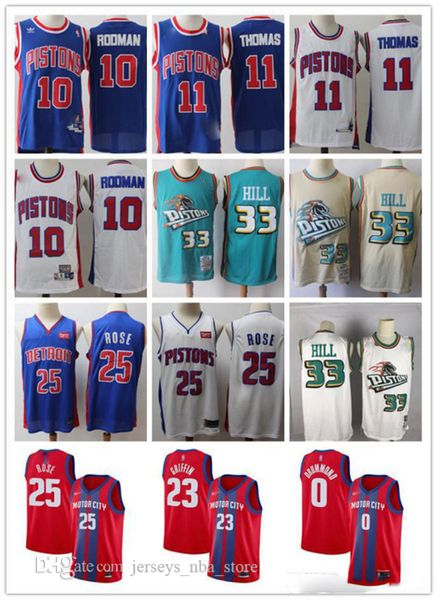 

mens detroit pistons 33 grant hill 11 isiah thomas 10 dennis rodman 25 derrick rose 23 blake griffin basketball jerse, Black;red