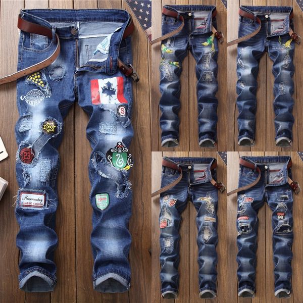 

2018 spring summer new fashion wash patch beggar style blue jeans mens slim straight jeans pants hole hip hop for men