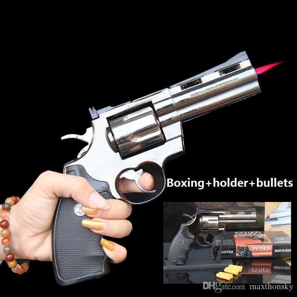 

python revolver jet shape cigarette torch 357 windproof lighter butane gas gun 1:1 rifillable plastic bullets metal scale with + & hold enbk