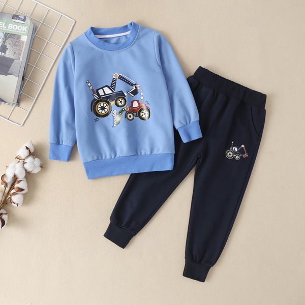 

comfortable kids winter clothes long-sleeved t-shirt cartoon car pattern print shirt + pants children casual clothes suit, White