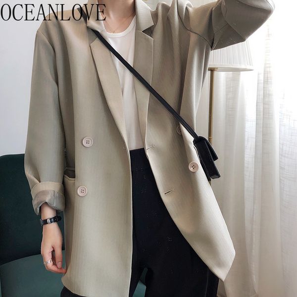 

oceanlove solid women outwear korean fashion loose single breasted blazer feminino 2019 autumn vintage blazer mujer 12694, White;black
