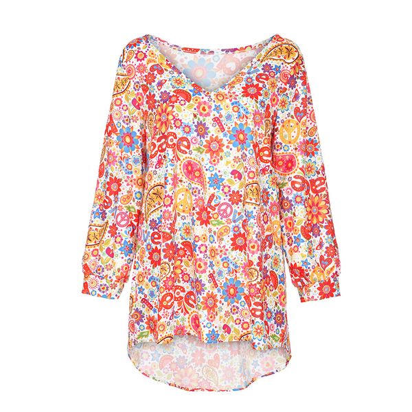 

summer holiday beach women casual loose v-neck long sleeve floral printed blouse, White
