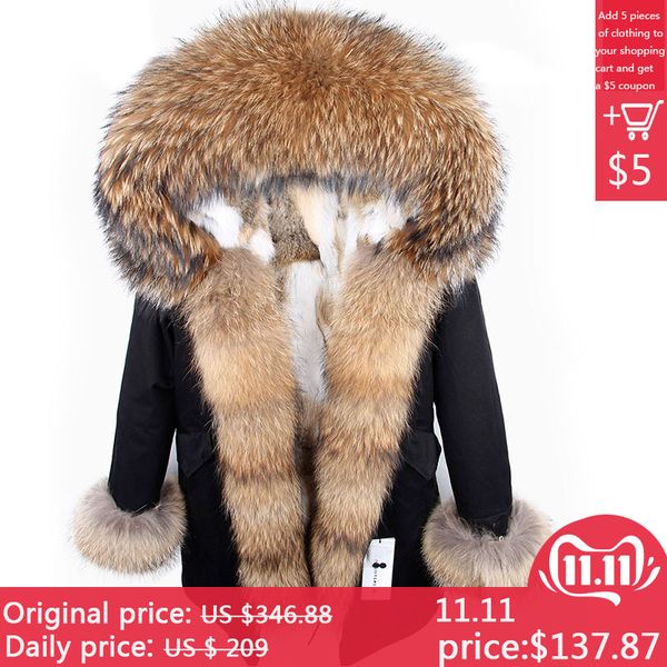 

2019 new winter woman coat parkas jacket large raccoon fur collar hooded detachable rex fur lining brand style brand, Black