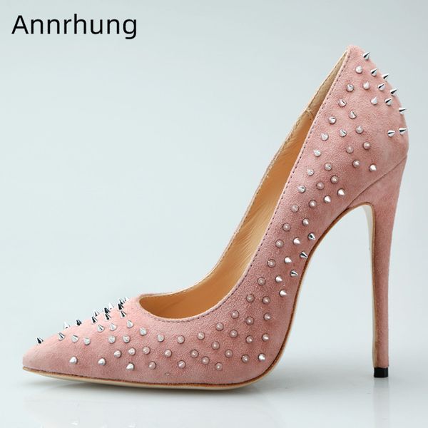 

chic rivet decor pumps pink suede shoes woman pointed toe stiletto heel dress shoes studded shallow women new autumn, Black