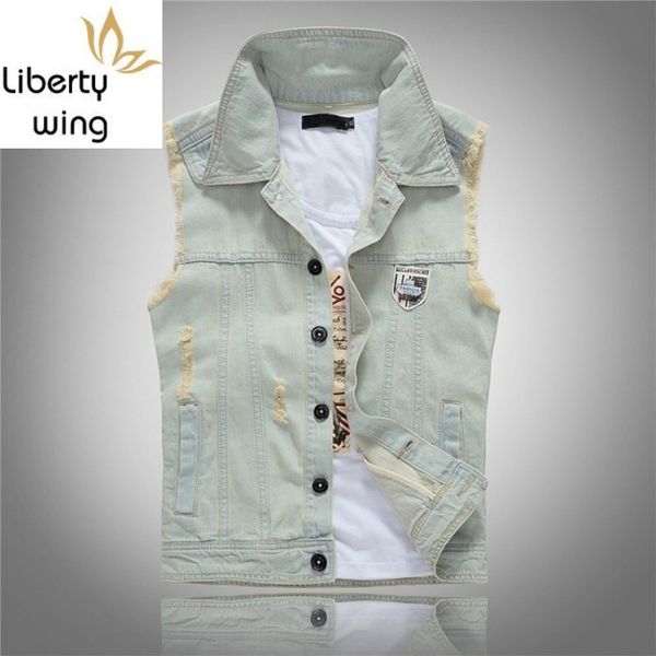 

summer new slim frayed denim men classic ripped hole sleeveless jacket vintage single breasted biker vest plus size 4xl, Black;white