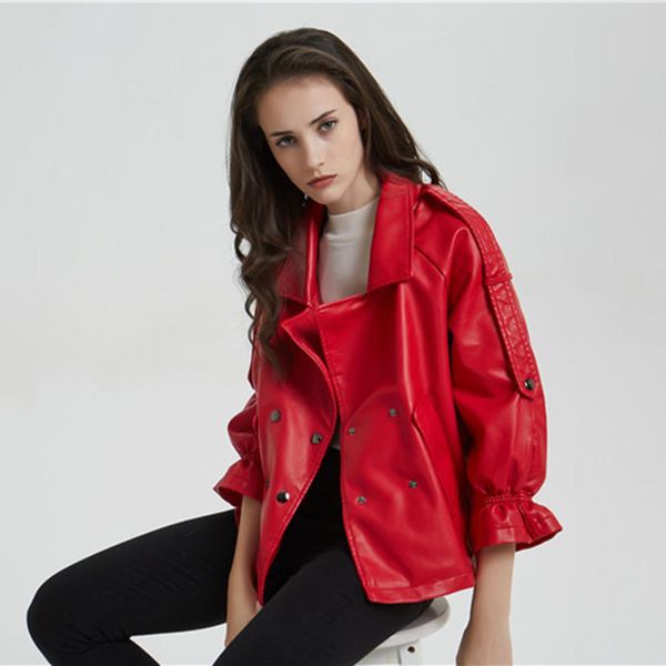 

red and black double breasted faux pu jacket women flare sleeve turn down collar pocket rivet coat 2019 autumn vintage outwares