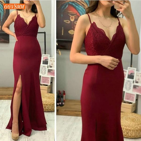 

burgundy mermaid evening gowns elastic satin lace spaghetti strap v neck evening dresses banquet formal dress women party, White;black