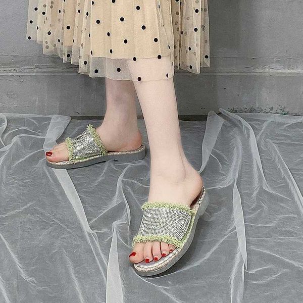

slippers shiny crystal linen insoles flat women breathable open toe slides summer fashion outdoor glitter, Black