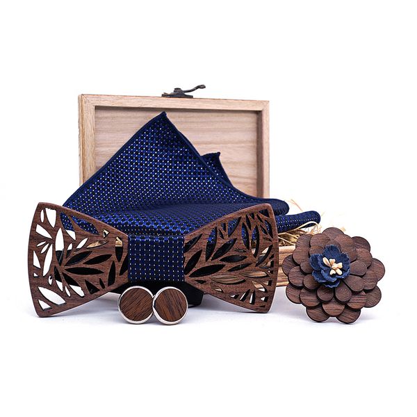 

wooden bow tie handkerchief set men's plaid bowtie wood hollow carved cut out floral design and box fashion novelty ties, Blue;purple