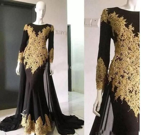 

Dubai Arabic Party Dresses Gold Appliques Mermaid Prom Dresses Black 2019 Jewel Neck Long Sleeve With Wrap Formal Evening Gowns Custom Made