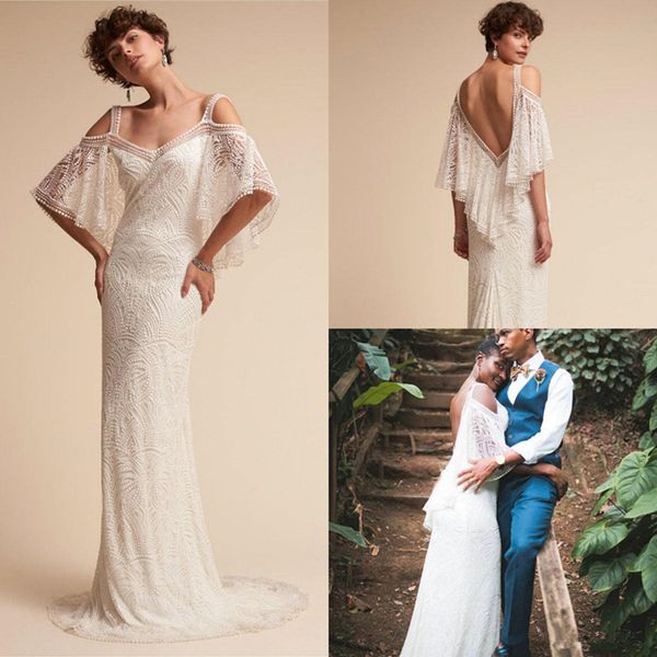 2020 BHLDN Abiti da sposa a sirena con spalle scoperte Appliques in pizzo Sweep Train Plus Size Abito da sposa Mezza manica lunga Abiti da sposa 4493