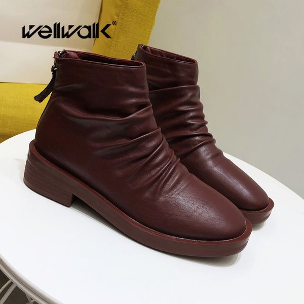 

women mid boots short ankle booties fashion motorcycle casual retro round toe nonslip back zip pleated winter shoes 4 inches 6, Black