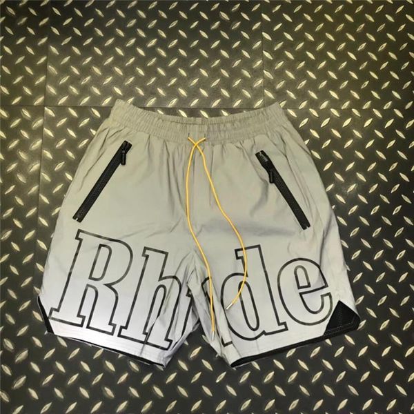 

new rhude shorts 3m reflective streetwear men women zip pocket mesh yellow drawstring shorts rhude black white, White;black