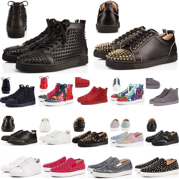 

fashion red bottoms shoes studded spikes flat casual sneakers for men women low cut suede glitter party lovers wedding genuine leather rivet, Black