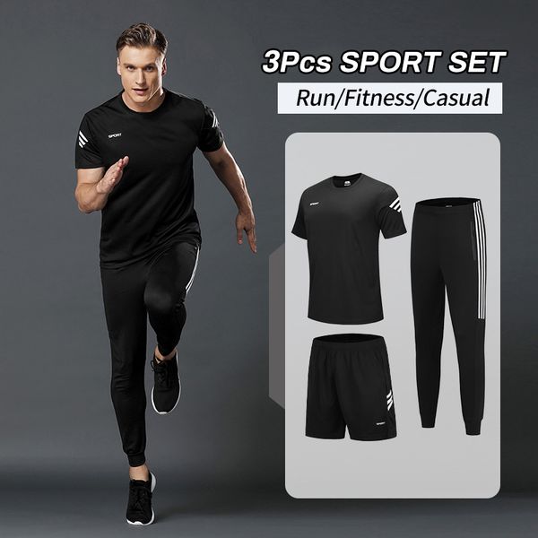 

jogging suits men 3 pcs compression sportwear for gym clothing quick dry running fitness tracksuit workout set male polyester, Black;blue