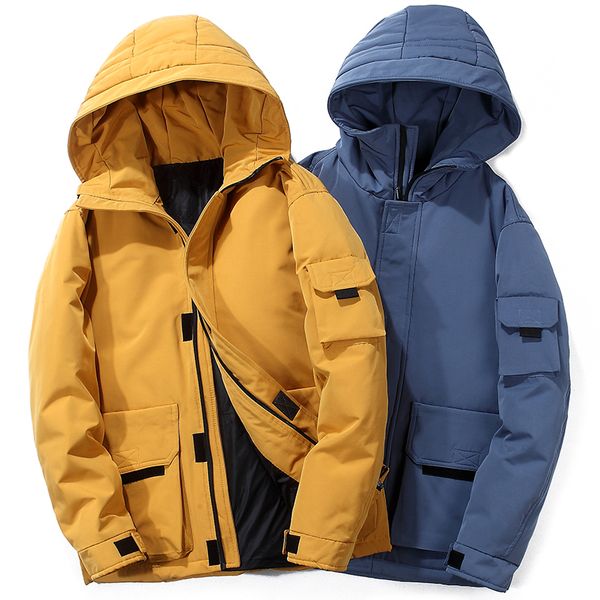 

men winter thickening cold hooded multi-pocket cargo white duck down jacket thick warm solid casual man windbreaker down coats, Black