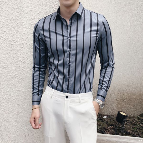 

2020 new fashion casual striped shirt slim long sleeve club clothing social shirt men's formal camisas, White;black