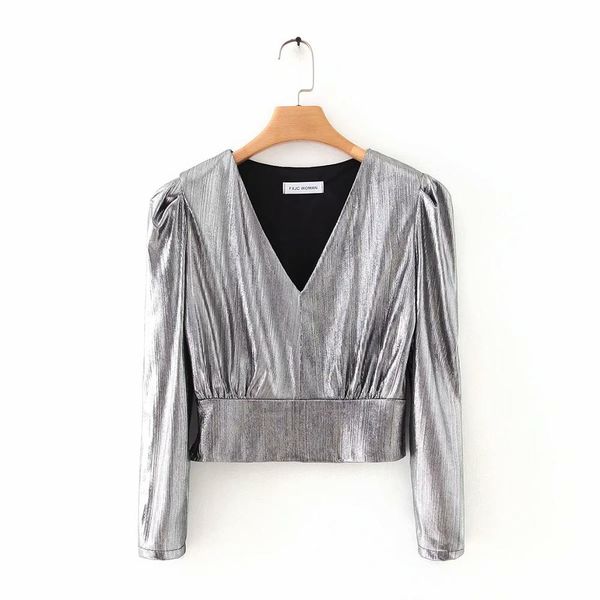 

2020 new women fashion v neck metallic color chic blouse shirts women puff sleeve blusas leisure brand stylish ls6186, White