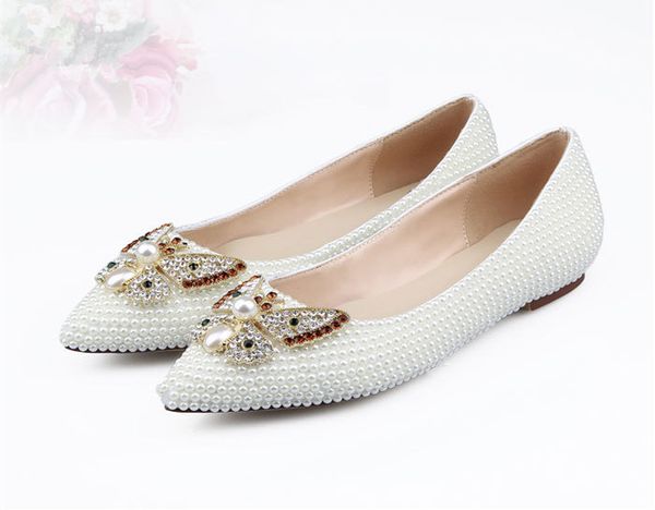 

new arrival pearls pointed toe flat shoes sweet diamonds butterfly ballet flats fashion women wedding shoes eu35-41 by525, Black