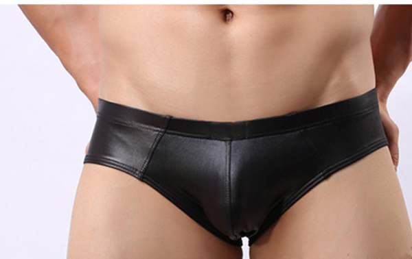 

men's imitation leather briefs low-waisted elastic leather briefs shorts, Black;white