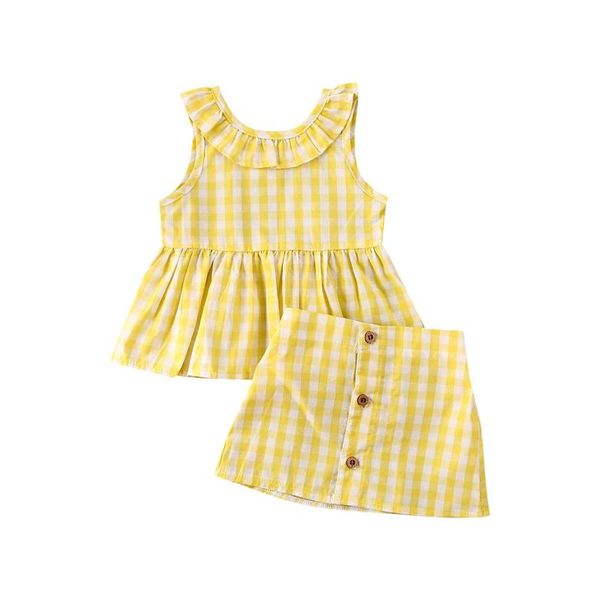 

toddler baby girls kid summer clothes plaid sleeveless + skirt sets 0-3y, White