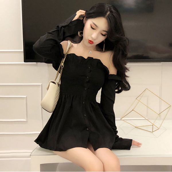 

autumn new chic korea women's clothing fashion ladies office slash neck shoulder ruffles thin solid waist full blouse shirts, White