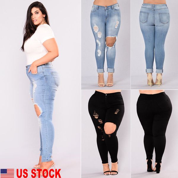 

fashion hole jean womens stretchy denim jeans ripped skinny jeggings high waist pants slim pencil trousers plus size l-4xl, Blue