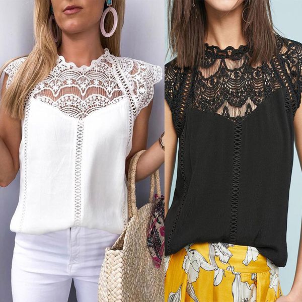 

women t shirt womens designer tshirt womens sleeveless lace flower cap sleeve hollow shirt ladies slim shirt drop shipping, White