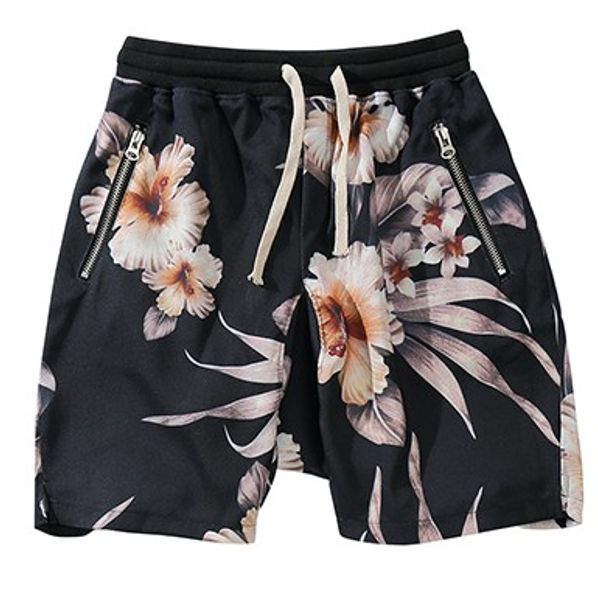 

2020 summer hip hop short joggers harajuku shorts streetwear floral print zipper pocket elastic waist track short baggy black