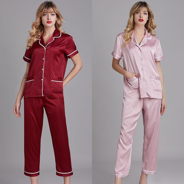 

yao ting new style pajamas women's spring and summer silk short sleeve tracksuit summer large size two-piece set cardigan 19184, Black;red
