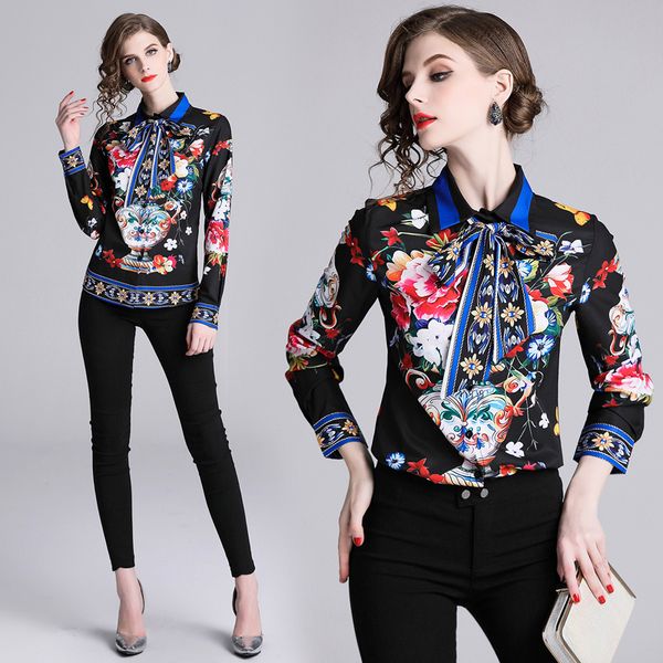 

2019 spring summer fall runway luxury floral printed collar long sleeve bow tie neck womens party casual shirts blouses, White
