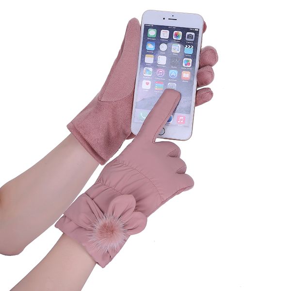 

fashion-new soft plush inside warm windproof gloves fashion hairball women outdoor sports touch screen cycling gloves 27a, Blue;gray