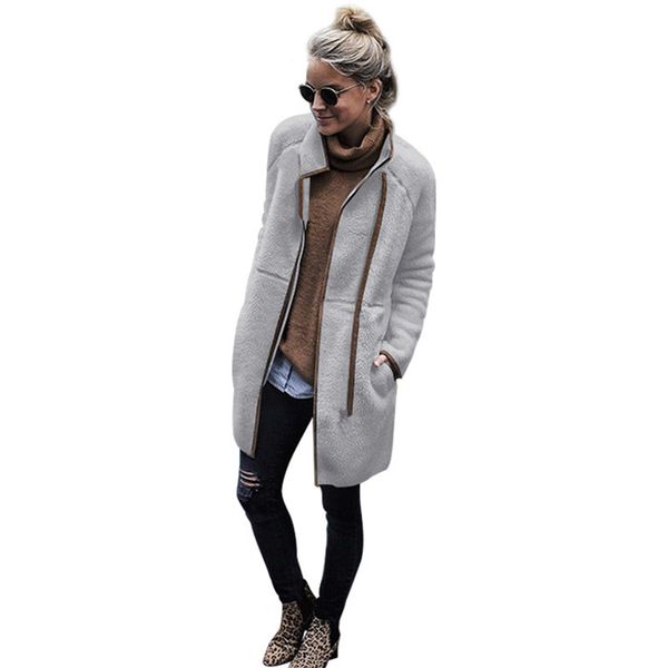 

womens plush stand collar windbreaks woman winter pocket zipper fly patchwork long coats women fashion high street outwears, Tan;black