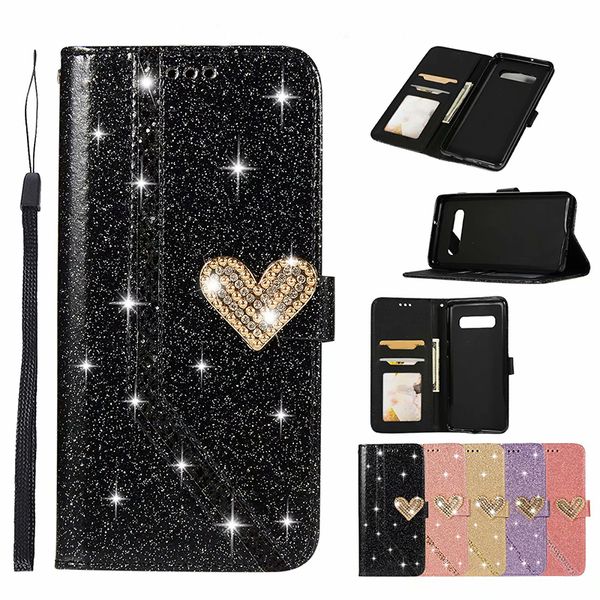 Diamante Glitter do amor do coração Caso Carteira Bolsa em couro para Samsung A10 A20 A30 A40 A50 A70 A20E S7 S8 S9 PLUS NOTE8 NOTE9 J330 J530