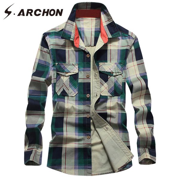 

s.archon new spring cotton plaid men shirt long sleeve shirts slim fit casual fashion style male clothes turn down collar shirt, White;black