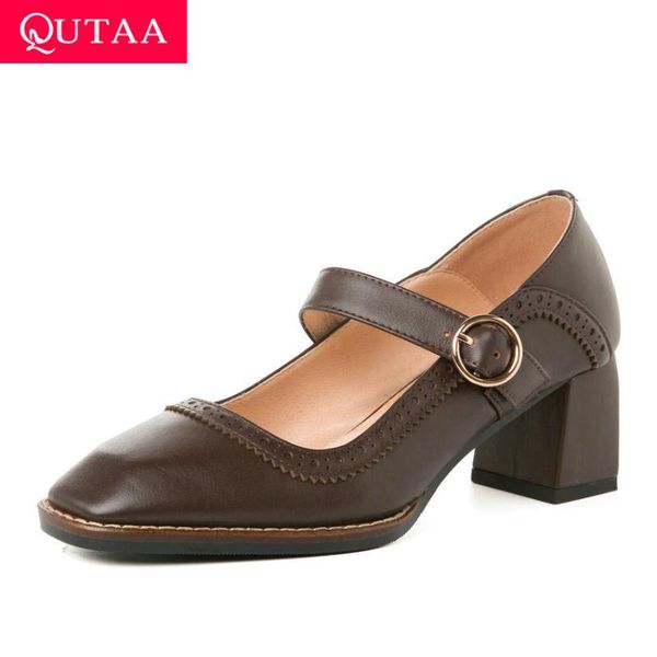 

qutaa 2020 cow leather shallow women shoes spring autumn square toe ladies pumps square heel buckle single shoes size34-39, Black