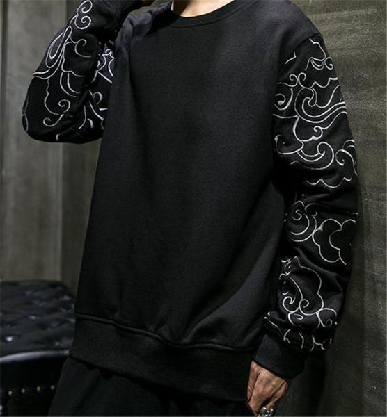 

chinese style mens designer hoodies fashion loose embroidery sleeve panelled mens designer hoodies casual males clothing, Black