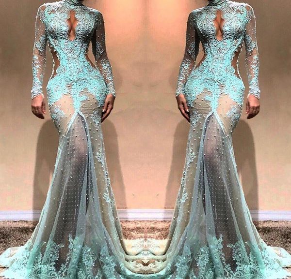

2019 long sleeves lace evening dress dubai illusion bodice holiday women wear formal party prom gown custom made plus size, Black;red