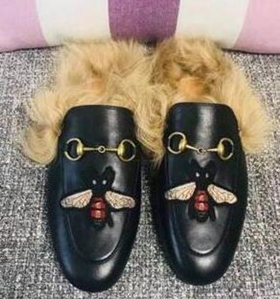 

2019 fashion casual women shoes embroidery plush shoes metal buckles slippers fur rubbershoes.flower,bee,snake shoes 01, Black