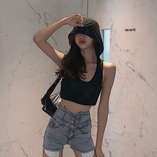 

2020 women solid tanks vest crop summer sleeveless hooded collar tanks beach casual women sports tank, White