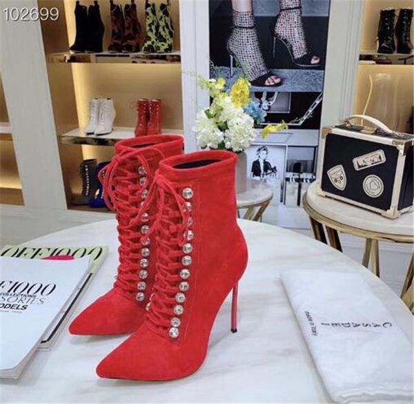 

crystal decorative booties 2019 ladies high-heeled leather pointed toe strap boots elastic boots women half boots, Black